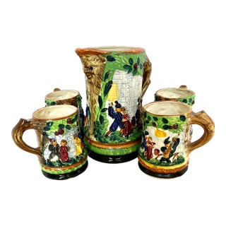 Vintage Japanese Majolica Pitcher With 4 Mugs For Sale