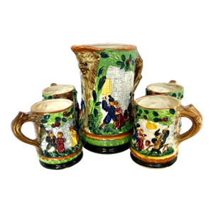 Vintage Japanese Majolica Pitcher With 4 Mugs