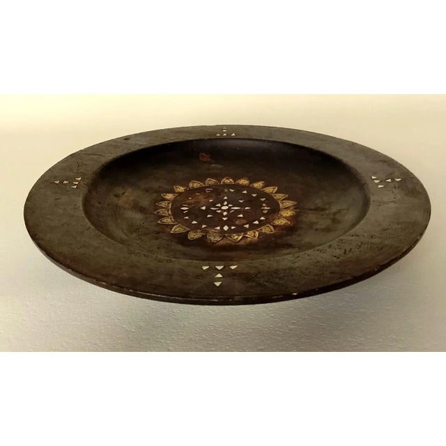 Large Vintage African Handmade Wooden Plate with Inlaid Decorations For Sale - Image 3 of 9