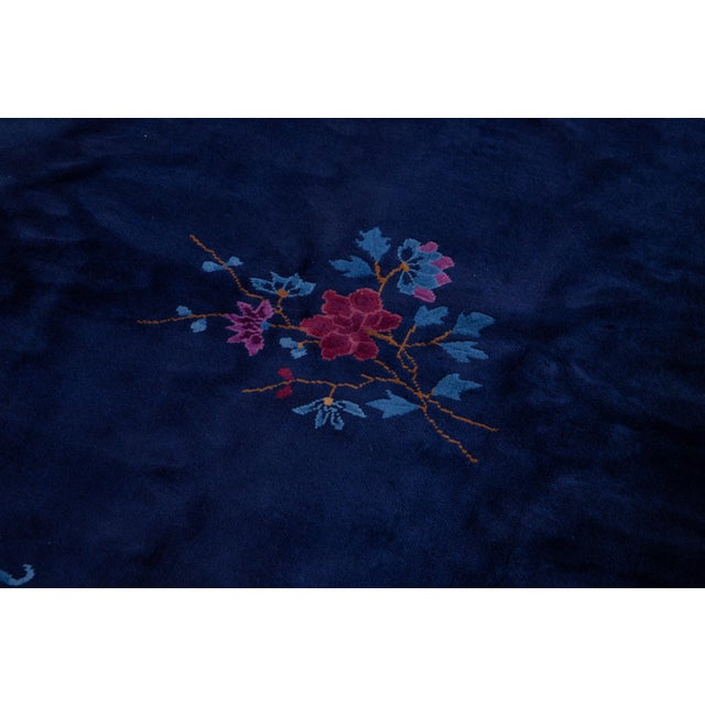1920s Navy Blue Antique Chinese Art Deco Handmade Wool Rug With Floral Design For Sale - Image 4 of 15