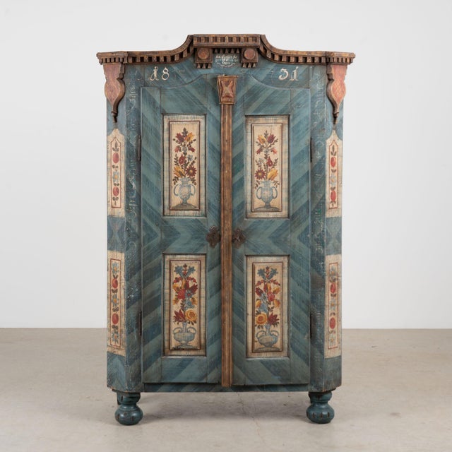 Folk Art 1831 Hungarian Original Blue Hand-Painted Pine Armoire For Sale - Image 3 of 13
