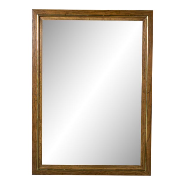 1974 Modern Wall Mirror by Thomasville Rectangular Oak Frame With Brass Plated Detail For Sale