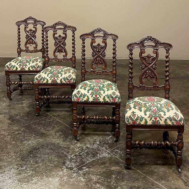 Set of Four 19th Century Renaissance Revival Louis XIII Style Barley Twist Side Chairs in Solid Oak For Sale - Image 4 of 15