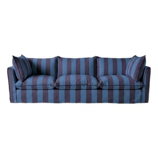 Sophie Conran Coco 4 Seater Sofa - Coastal Blue & Navy Blue Wide Stripes with Knife Edge Cushion For Sale
