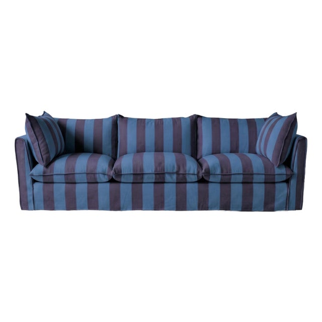 Sophie Conran Coco 4 Seater Sofa - Coastal Blue & Navy Blue Wide Stripes with Knife Edge Cushion For Sale