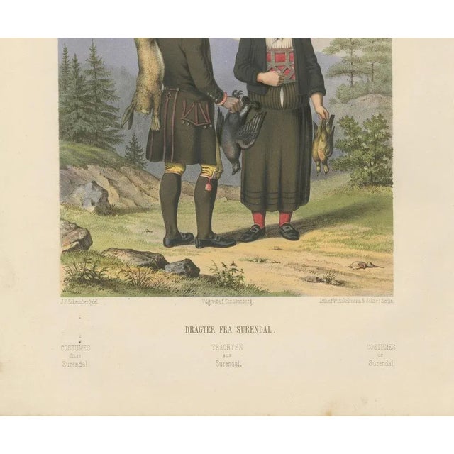 Norwegian Folk Costumes from Surendal – Tonsberg Edition, 1860s This engaging 19th-century chromolithograph depicts a...