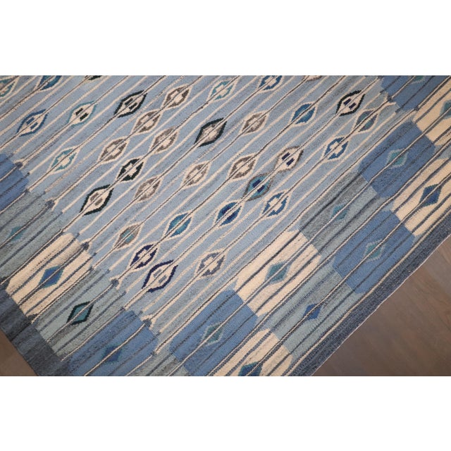 Vintage Zabihi Collection Abstract Blue Swedish Kilim - 4'10" x 6' For Sale - Image 9 of 12
