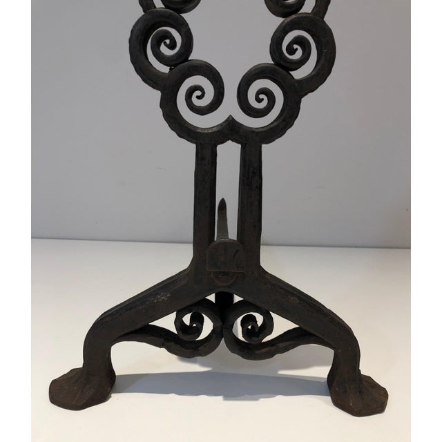 Black 1900s Pair of wrought iron and hammer firedogs. Art Nouveau. Signed Wanner Genneva For Sale - Image 8 of 12