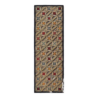 Antique Hooked Runner in Brown With Floral Patterns & Chevrons | Rug & Kilim For Sale