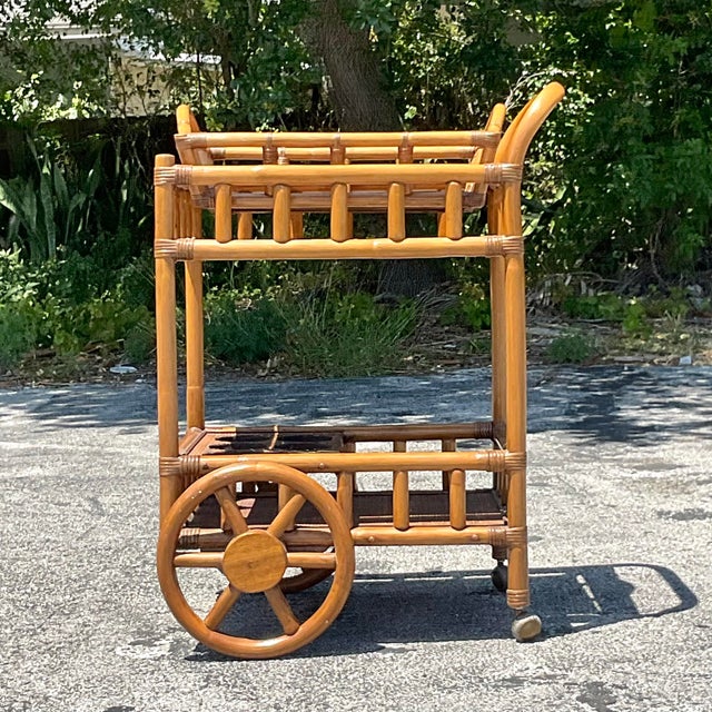 Mid 20th Century Vintage Coastal Rattan Bar Cart For Sale - Image 4 of 6