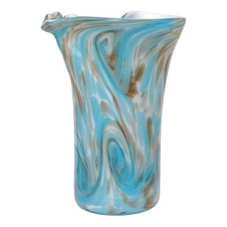 Murano Fratelli Toso Vintage Blue Copper Aventurine Flecks Swirling Clouds Italian Art Glass Flower Vase For Sale