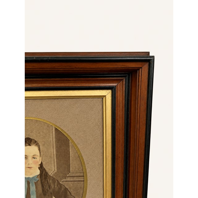 Brown Late 19th Century Walnut & Ebonized Portrait Frame With Hand-Colored Oval Girl Image For Sale - Image 8 of 11
