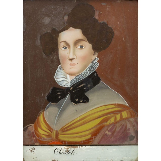 Continental School, "Charlote", Reverse Painted Glass Portrait, black painted wood frame. Image: 9.5" H x 6.75" W; frame:...