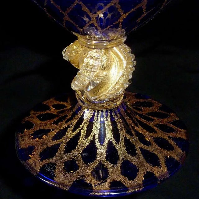 Late 20th Century Vintage Murano Nason Signed Sapphire Blue Gold Flecks Diamond Design Italian Art Glass Flower Vase For Sale - Image 5 of 7