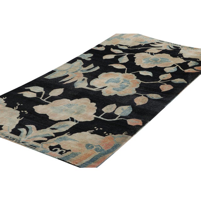 Rug & Kilim Rug & Kilim’s Chinese Art Deco Style Rug, Midnight Blue With Floral Patterns For Sale - Image 4 of 7