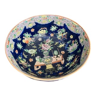 Vintage Chinese Famille Rose Cobalt Blue Porcelain Bowl For Sale