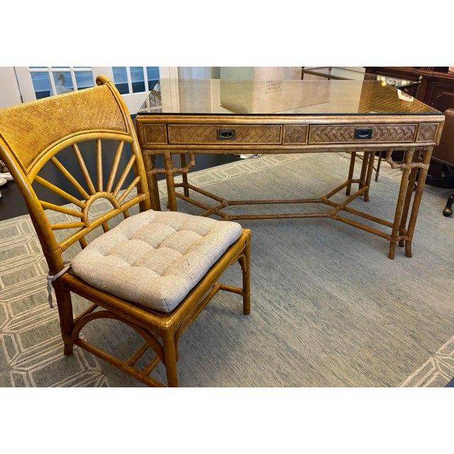Rattan Midcentury British Colonial Campaign Style Desk & Chair Set For Sale - Image 9 of 10