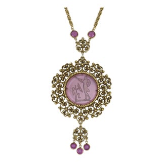 Goldette Amethyst Glass Intaglio Pendant Necklace, 1960's For Sale