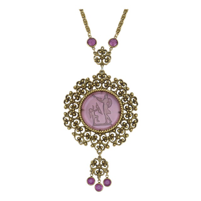 Goldette Amethyst Glass Intaglio Pendant Necklace, 1960's For Sale
