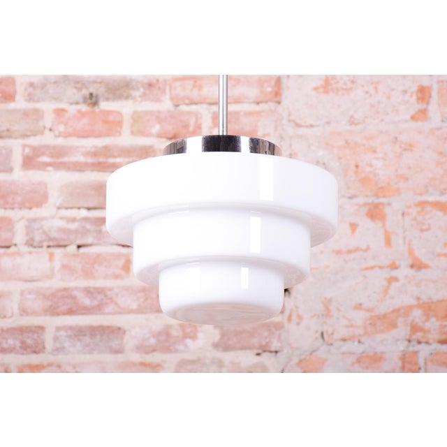 Art Deco Chandelier in Chrome-Plated Steel and Opaline Glass, Czech, 1920s For Sale - Image 3 of 10