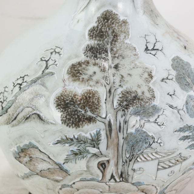 Antique Chinese Porcelain Landscape Vase Lamp Hand Painted Mountain and Pavilion Motif For Sale - Image 12 of 14