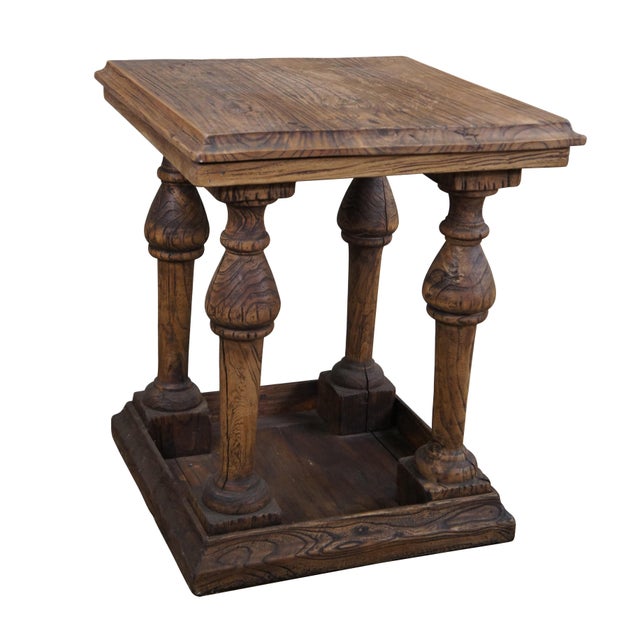 Vintage English farmhouse pedestal / side table / console / plant stand / sculpture base. Made of weathered oak featuring...