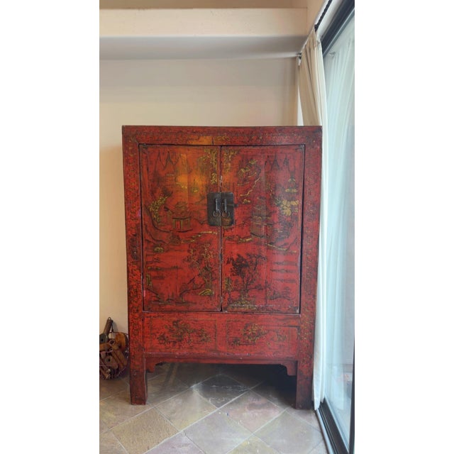 Red Late 19th Century Red Antique Chinese Chinoiserie Style Wedding Cabinet For Sale - Image 8 of 12