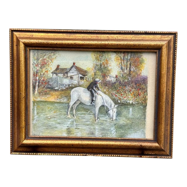 Framed 1920s w.c. Vincent Watercolor Painting Rider on White Horse Country River Scene For Sale