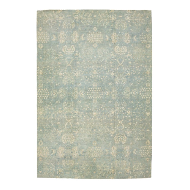 Blue Transitional Handmade Wool and Silk Rug With Floral Design For Sale
