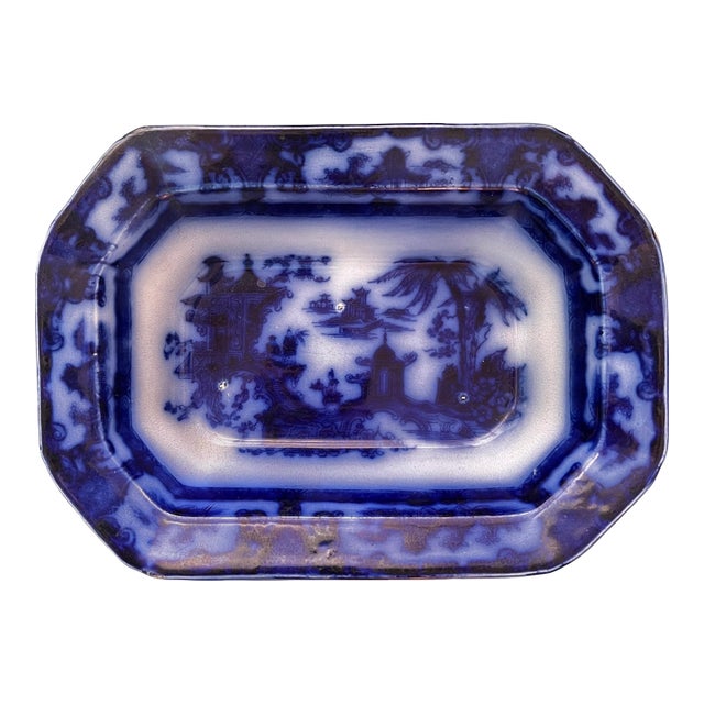 Antique Flow Blue Octagonal Rimmed Bowl For Sale