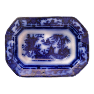 Antique Flow Blue Octagonal Rimmed Bowl