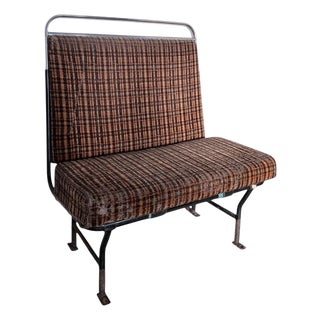 Vintage Industrial Bench with Orange Check Upholstery and Chrome Rail For Sale