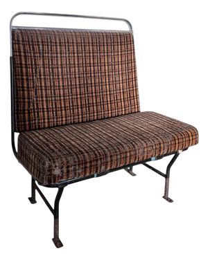 Vintage Industrial Bench with Orange Check Upholstery and Chrome Rail