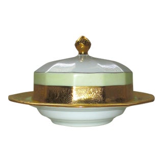 Antique Schlaggenwald H&c Czech Heavy Gold & Yellow Porcelain Butter Dish For Sale