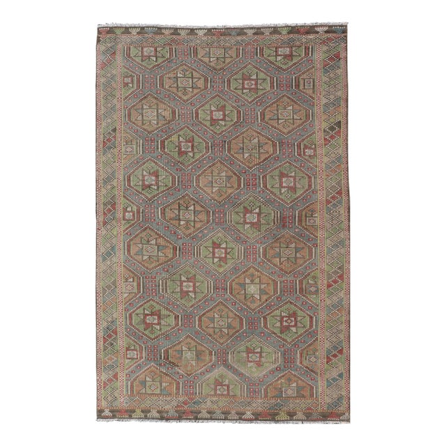 Colorful Vintage Turkish Flat-Weave Tribal Motif Kilim With Embroideries 6 X 9.9 For Sale