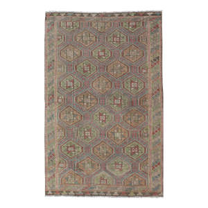 Colorful Vintage Turkish Flat-Weave Tribal Motif Kilim With Embroideries 6 X 9.9