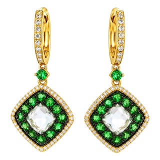 1970s 14K Yellow Gold Green Amethyst Diamond Tsavorite Drop Dangle Earrings, Pair For Sale