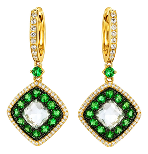 1970s 14K Yellow Gold Green Amethyst Diamond Tsavorite Drop Dangle Earrings, Pair
