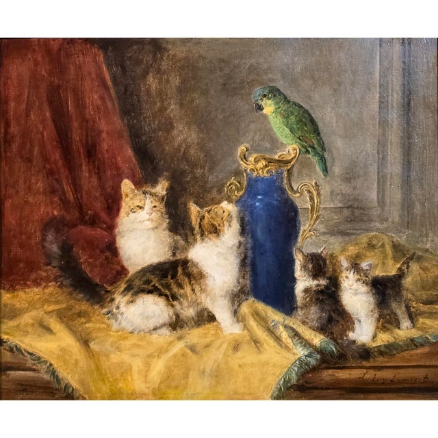 Louis Eugène Lambert- Four Cats Playing W/a Parrot- 19th Century Oil Painting For Sale - Image 4 of 13