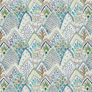 Schumacher Albizia Embroidery Fabric in Blue & Green For Sale
