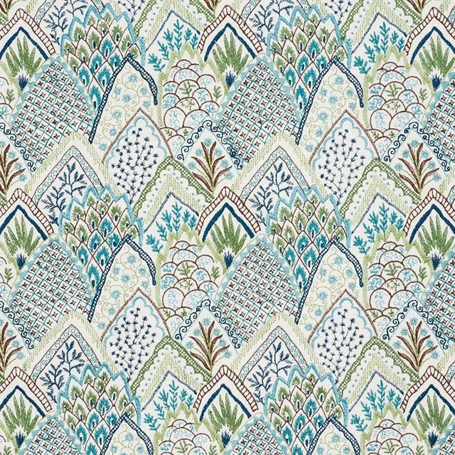 Schumacher Albizia Embroidery Fabric in Blue & Green For Sale