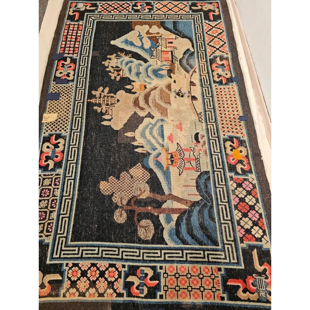 Antique Ningxia Pictorial Rug, Handwoven Wool Pile, Scenic Landscape, Navy & Tan, 4' x 7' For Sale In Chicago - Image 6 of 14