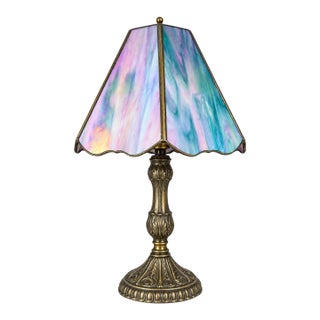 Vintage Tiffa-Mini Slag Glass Table Lamp | Iridescent Multicolor Shade | Art Nouveau For Sale
