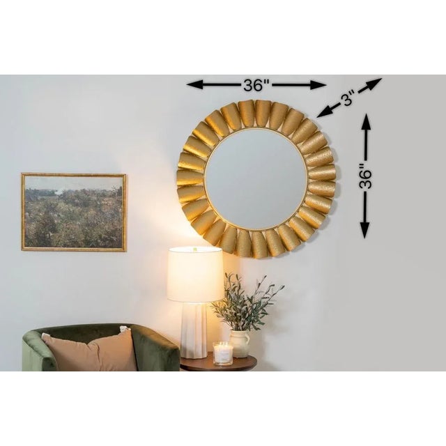 Wood Harlow Sunburst Round Wall Mirror, Gold For Sale - Image 7 of 7