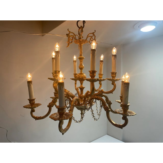 French Vintage French Louis IV Style Gilt Metal Chandelier 12 Light For Sale - Image 3 of 12