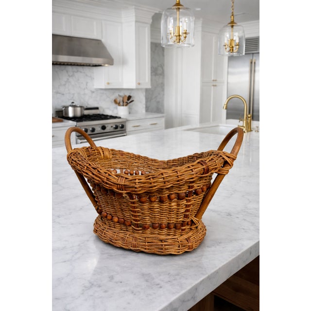 Sienna Vintage 1970s Honey-Toned Wicker Basket With Wood Bead Detail & Sculptural Handles For Sale - Image 8 of 9