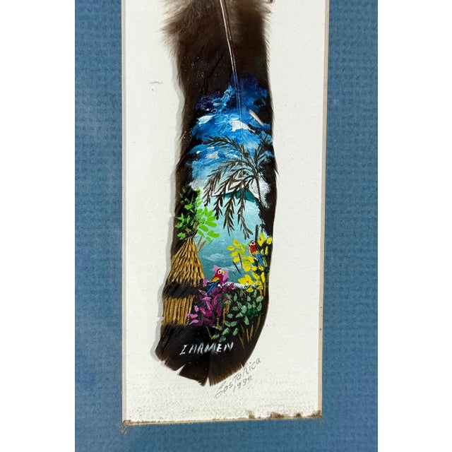 Vintage 1992 Costa Rica Hand-Painted Feather Art, Framed & Signed This is an authentic, vintage piece of Costa Rican folk...