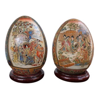 Vintage Hand-Painted Chinese Porcelain Decorative Egg Sculptures on Wooden Bases– Set of 2 – 5.5” For Sale