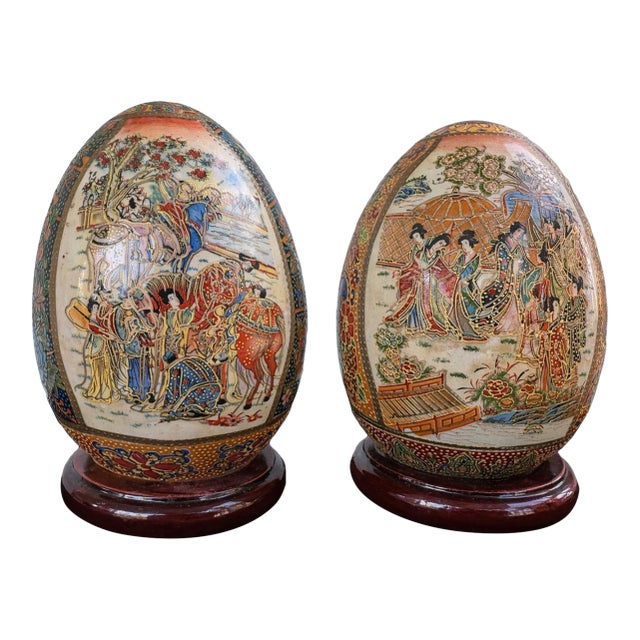 Vintage Hand-Painted Chinese Porcelain Decorative Egg Sculptures on Wooden Bases– Set of 2 – 5.5” For Sale