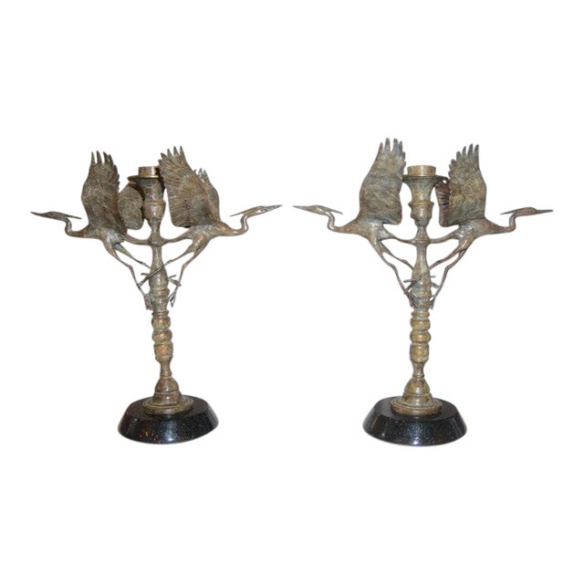 Bronze Crane Candlesticks - a Pair For Sale